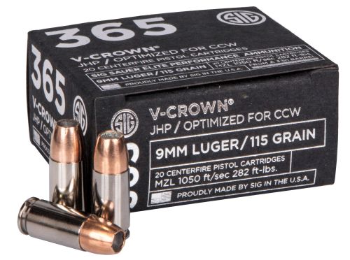 Sig Sauer Elite V-Crown Jacketed Hollow Point 9mm Ammo 115 gr 1050fps 20 Round Box