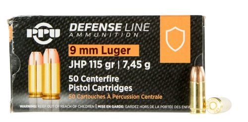 PPU Defense 9mm Luger 115 gr Jacketed Hollow Point (JHP) 50 Bx/ 20 Cs