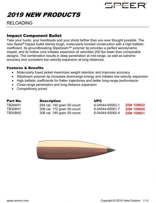 Speer Impact 30 Caliber .308 172 GR Slipstream Polymer Tip 50 Per Box