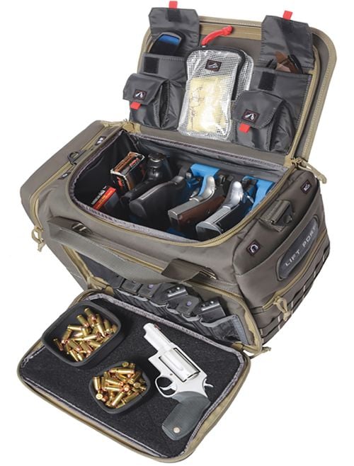 G*Outdoors M/L Range Bag with 5 Gun Cradle & 2 Ammo Dump Cans Rifle Green w/Khaki Trim
