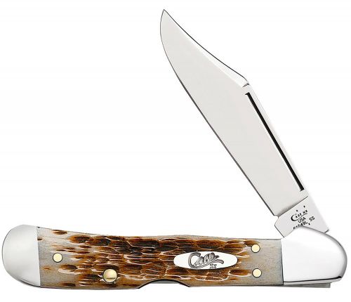 Case CopperLock Mini 2.72 Folding Clip Point Plain Mirror Polished Tru-Sharp SS Blade/Peach Seed Jigged Amber Bone Handle