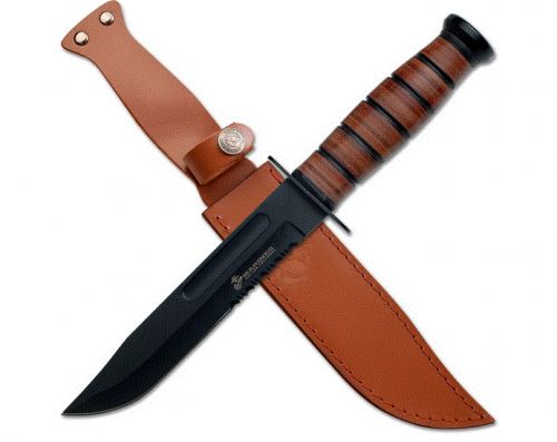 MTech USA USMC USMC Resolve 7 Fixed Bowie Part Serrated Black Stainless Steel Blade Leather Wrapped Aluminum Handle