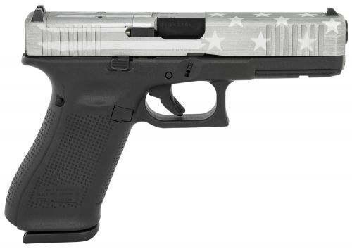Glock G17 Gen5 MOS 9mm 4.49 17+1 Black Polymer Frame Battle Worn Flag Cerakote Steel with Front Serrati
