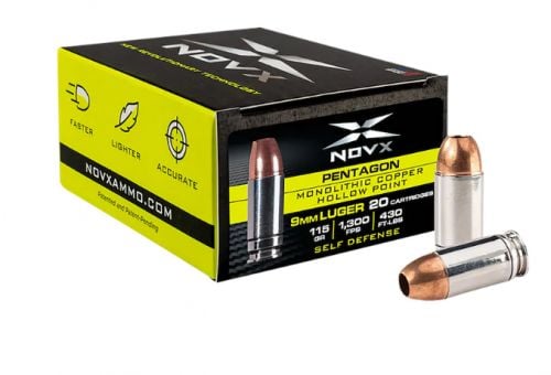 NovX Pentagon Monolithic Copper Hollow Point 9mm Ammo 115gr 20 Round Box