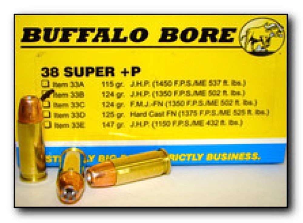 Buffalo Bore Ammunition 33B/20 Pistol 38 Super +P 124 gr Jacketed Hollow Point (JHP) 20 Bx/ 12 Cs