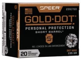 Speer Ammo 23917GD Gold Dot Personal Protection .357 MAG 135 GR Hollow Point Short Barrel 20 Bx/ 10 Cs