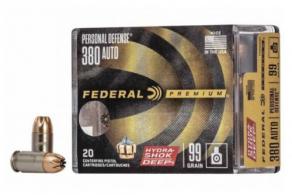 Federal Premium Personal Defense 380 ACP 99 gr Hydra-Shok Deep Hollow Point 20 Bx/ 10 Cs - P380HSD1