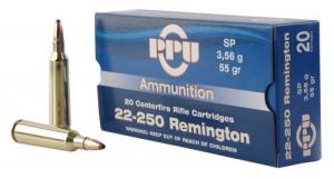Main product image for PPU Standard Rifle 22-250 Remington 55 GR Soft Point (SP) 20 Bx/ 10 Cs