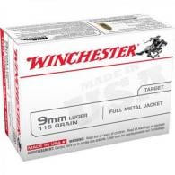 Winchester USA Full Metal Jacket 9mm Ammo 115 gr 100 Round Box - USA9MMVP