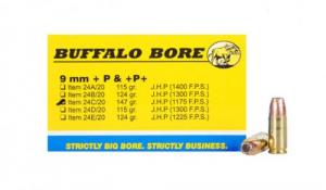 Buffalo Bore Ammunition 24C/20 Pistol 9mm +P+ 147 gr Jacketed Hollow Point (JHP) 20 Bx/ 12 Cs