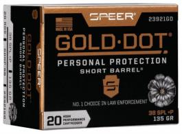 Speer Ammo 23921GD Gold Dot Personal Protection .38 Spc +P 135 GR Hollow Point Short Barrel 20 Bx/ 10 Cs - 23921GD Speer Ammo 23921GD Gold Dot Personal Protection .38 Spc +P 135 GR Hollow Point Short Barrel 20 Bx/ 10 Cs - 23921GD