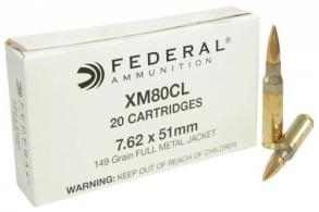 Federal XM80CL XM 7.62 NATO/.308 WIN NATO 149 GR Full Metal Jacket 20 Bx/ 25 C - XM80CL Federal XM80CL XM 7.62 NATO/.308 WIN NATO 149 GR Full Metal Jacket 20 Bx/ 25 C - XM80CL