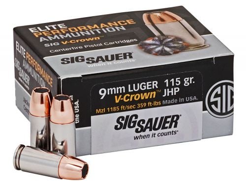 Sig Sauer E9MMA150 Elite V-Crown 9mm 115 gr Jacketed Hollow Point (JHP) 50 Bx/ 20 Cs