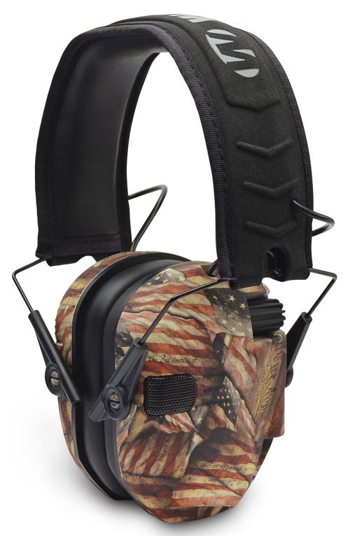 Walkers Razor Slim Electronic Muff Polymer 23 dB Over the Head USA Flag Ear Cups with Black Headband & White Logo A