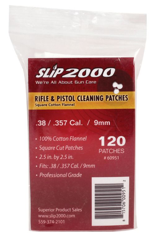 SLIP 2000 Rifle and Handgun Cleaning Patches .38/.357/9mm/10mm 2.5 x 2.5 120 Per Bag