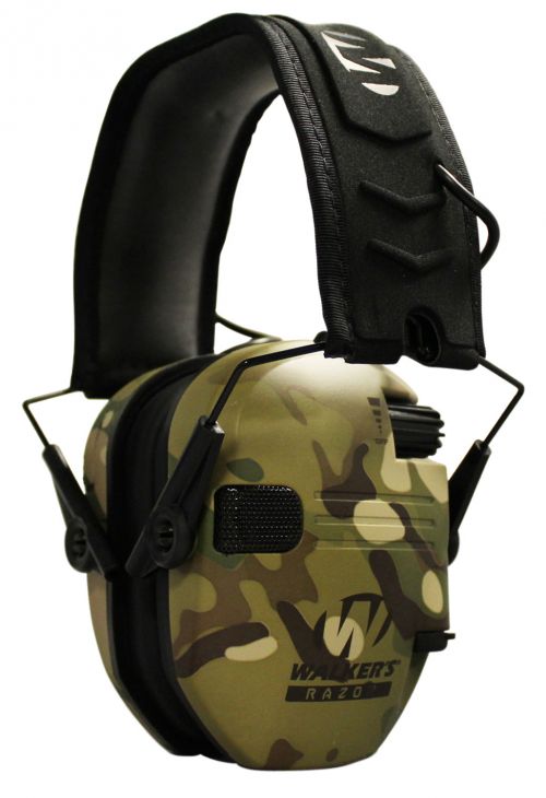 Walkers Razor Slim Electronic Muff Polymer 23 dB Over the Head MultiCam Ear Cups with Black Headband & White Logo Ad