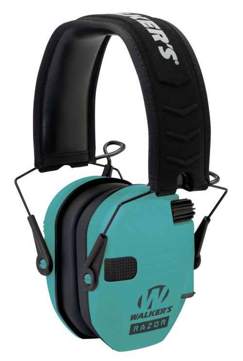 Walkers Razor Slim Electronic Muff Polymer 23 dB Over the Head Light Teal Ear Cups with Black Headband & White Logo