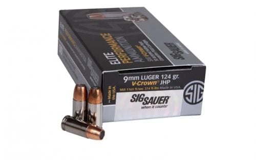 Sig Sauer Elite V-Crown Jacketed Hollow Point 9mm Ammo Ducta-Bright 7A 50 Round Box