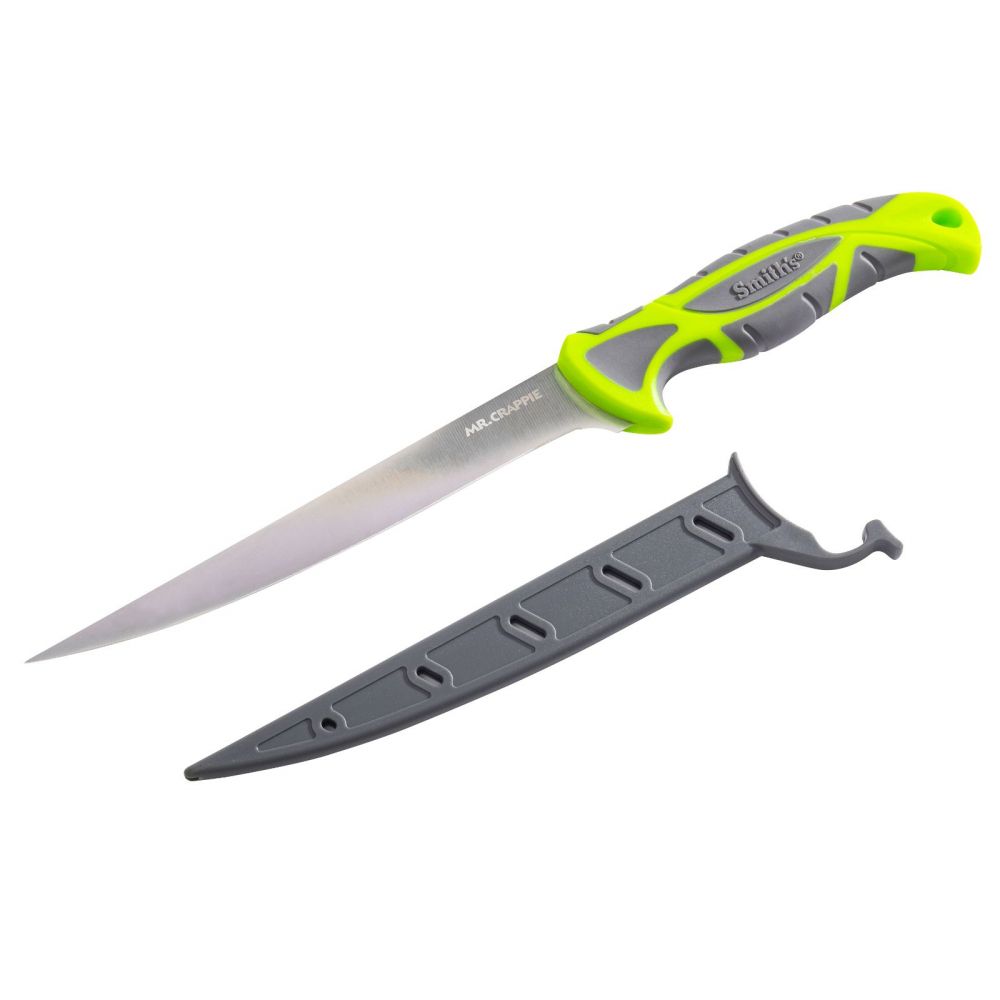 Smiths Products Mr. Crappie Slab Sticker 7 Fixed Fillet Plain 420 Stainless Steel Blade TPE Gray/Green Handle
