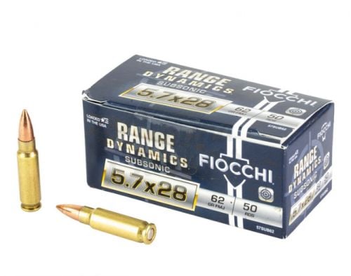 Fiocchi Range Dynamics Subsonic Handgun Ammunition 5.7x28 FN 62gr FMJ 1050 fps 50/ct