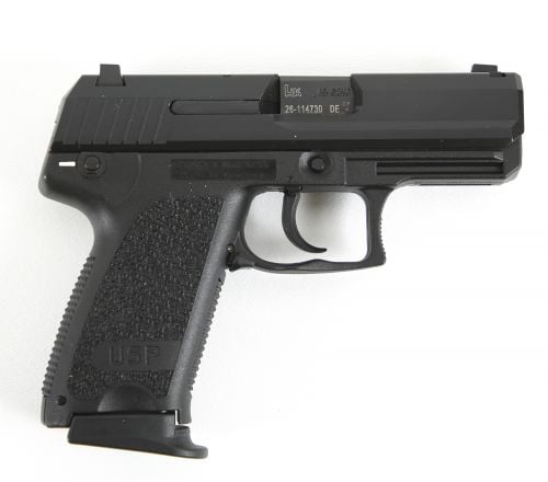 Heckler & Koch H&K USP Compact V1 40 S&W Caliber with 3.58 Barrel, 12+1 Capacity, Overall Black Finish, Serrated Trigger Guard