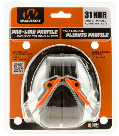 Walkers Pro Low Profile Muff Polymer 22 dB Folding Over the Head Black Ear Cups with Black Headband & Orange Accents