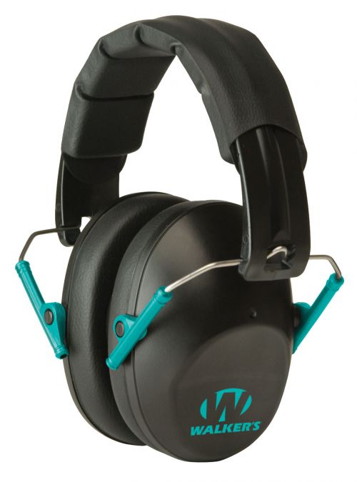 Walkers Pro Low Profile Muff Polymer 22 dB Folding Over the Head Black Ear Cups with Black Headband & Teal Accents