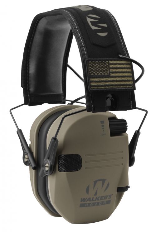 Walkers Razor Slim Patriot Electronic Muff Polymer 23 dB Over the Head Flat Dark Earth Ear Cups with Black Headband