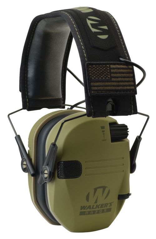 Walkers Razor Slim Patriot Electronic Muff Polymer 23 dB Over the Head OD Green Ear Cups with Black Headband & Flag