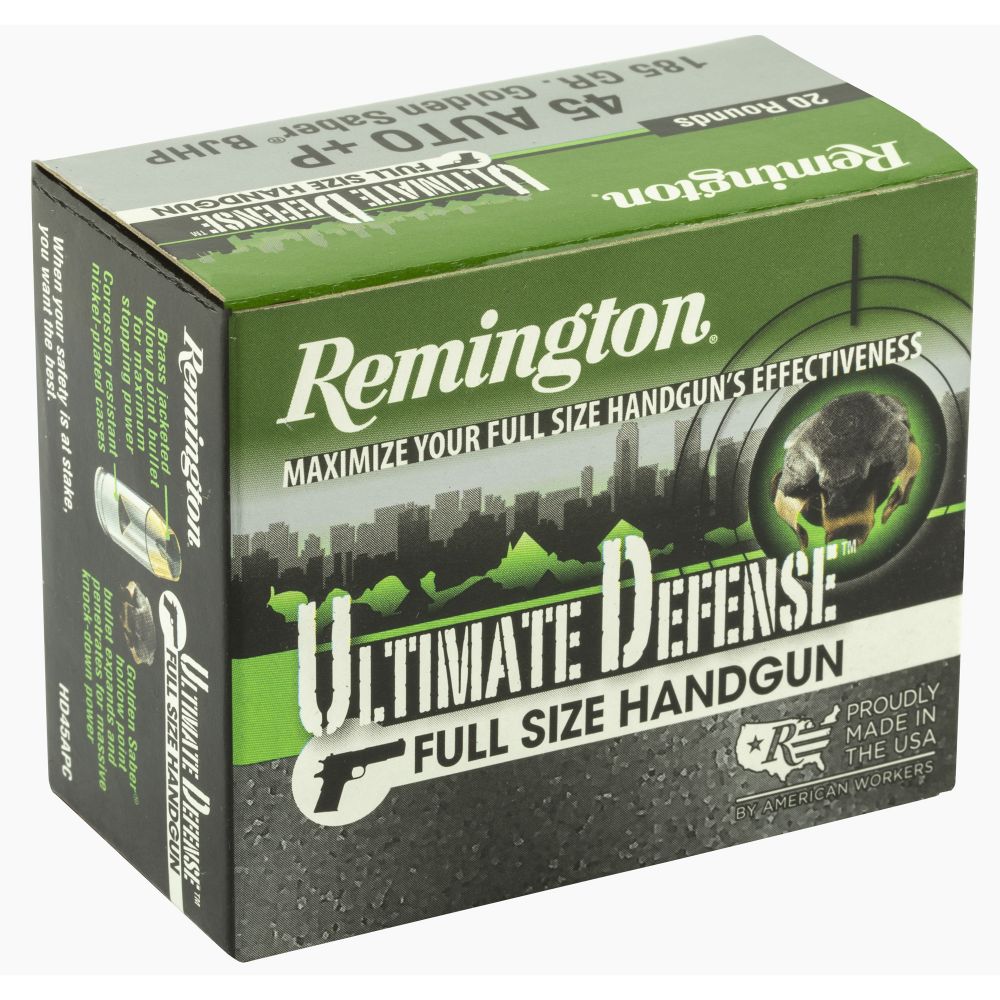 Remington Ammunition 28973 Ultimate Defense 45 ACP +P 185 gr Brass Jacket Hollow Point (BJHP) 20 Bx/ 25 Cs