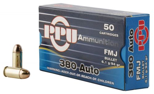 PPU Handgun 380 ACP 94 gr Full Metal Jacket (FMJ) 50 Bx/ 20 Cs