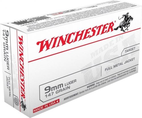 Winchester USA Full Metal Jacket Flat Nose 9mm Ammo 147gr 50 Round Box
