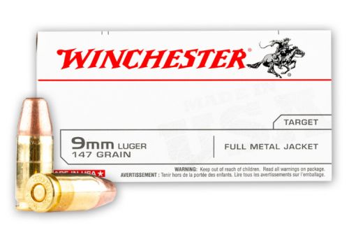 Winchester Full Metal Jacket Flat Nose 9mm Ammo 147 gr 50 Round Box