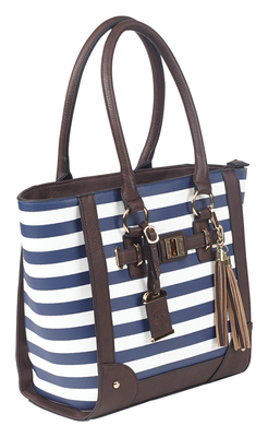 Tote Style Purse With Holster Navy Stripe With Brown Trim and Handles