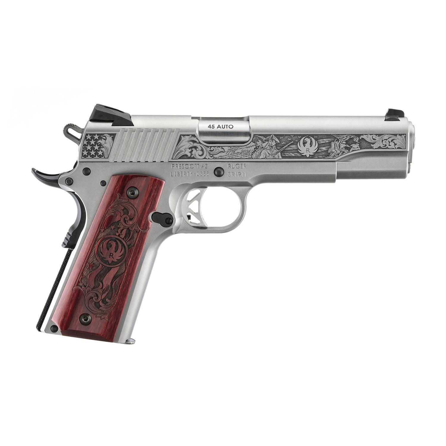 Ruger SR1911 250th Anniversary 45acp 5\" Engraved Stainless, Wood Grips, 8+1