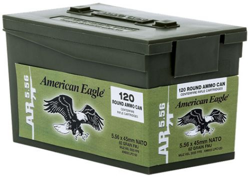 Federal American Eagle Rifle Ammunition, 5.56 NATO, Steel Core FMJ, 62 GR, 3020 fps, 120 Rd/Bx