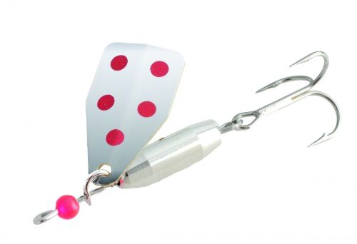 Jakes Stream-A-Lure Spinner, 1/6 oz, Sz 8 Hook, Silver with Red Dots