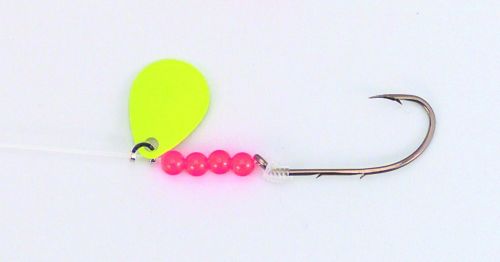 Bear Paw Flicker Snelled Hook, Size 6, Baitholder, Bronze, Fluorescent Yellow Spinner, 8 Mono, 6 per Pack