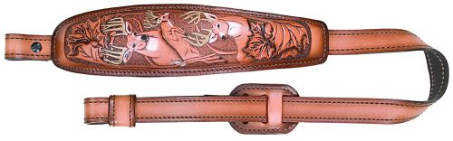 AA&E Leathercraft Tan Leather Trophy GunGunsling with Embossed Deer Heads and Leaping Deer
