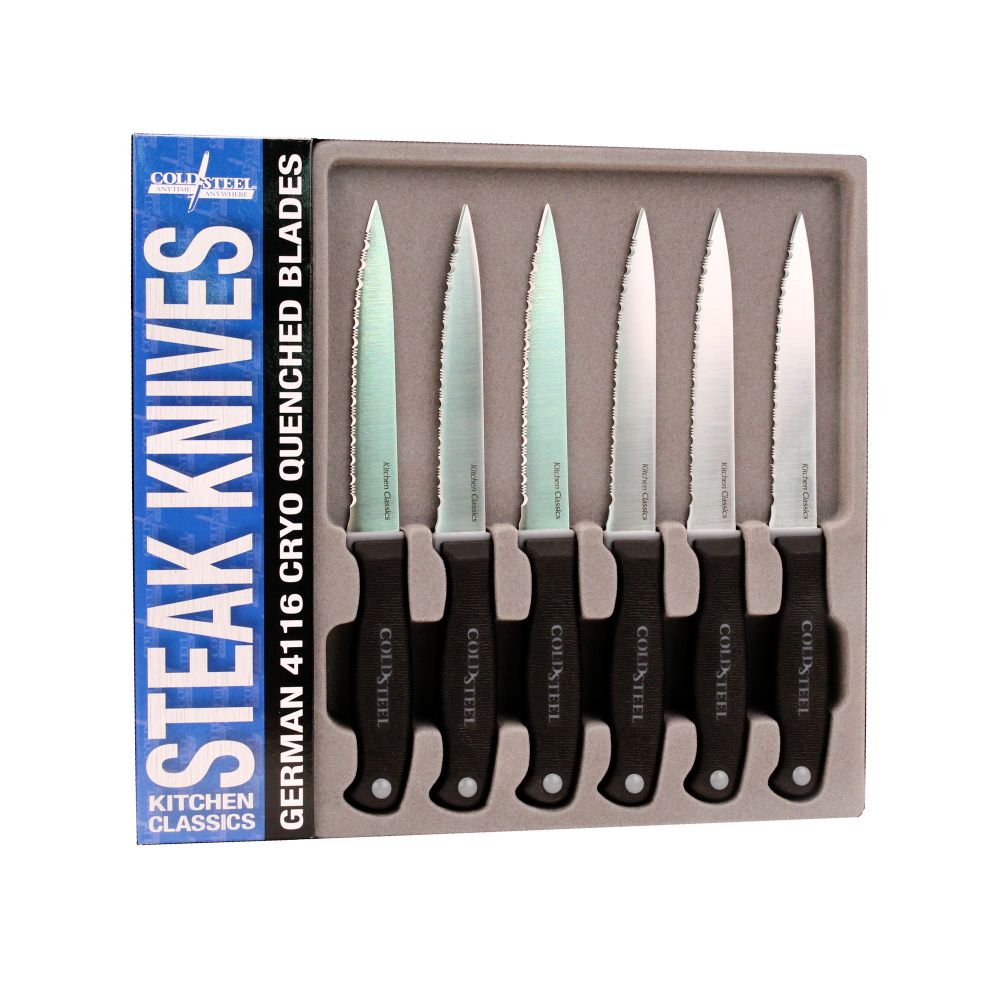 Cold Steel Kitchen Classics 6 Piece Steak Knife Set,  4 5/8 Serrated Blade, Black Kray-Ex Handle