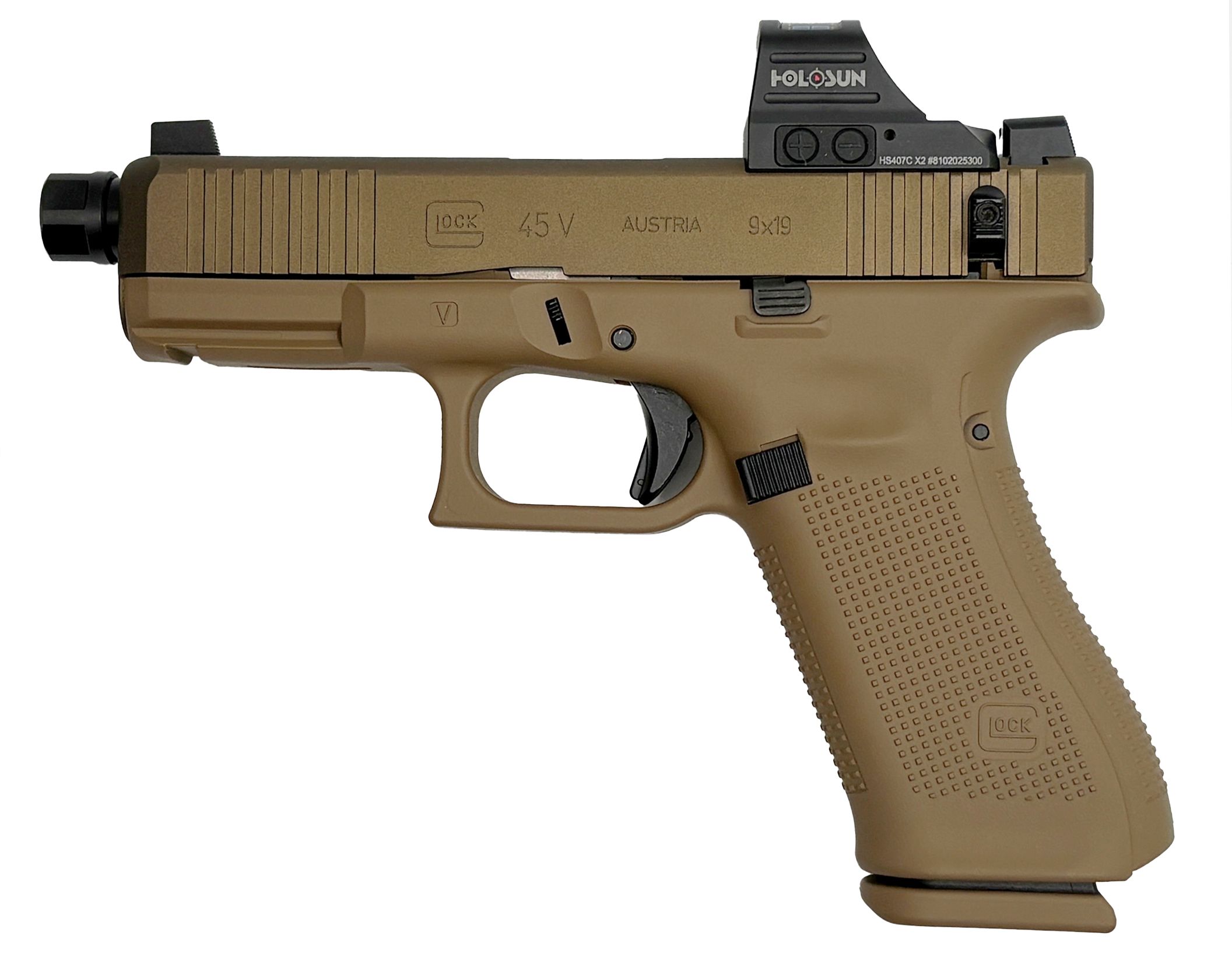 45V SHARK PUPPY FDE 9MM THREADED BARREL 17RD SAVIOR BAG HOLOSUN 407C OPTIC NO SUPPRESSOR PV455 For Glock