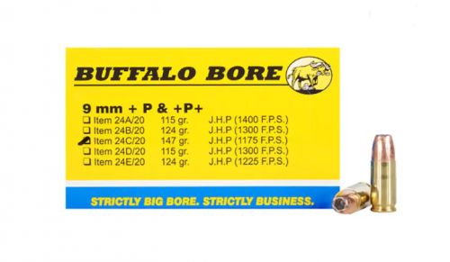 Buffalo Bore Ammunition 24C/20 Pistol 9mm +P+ 147 gr Jacketed Hollow Point (JHP) 20 Bx/ 12 Cs