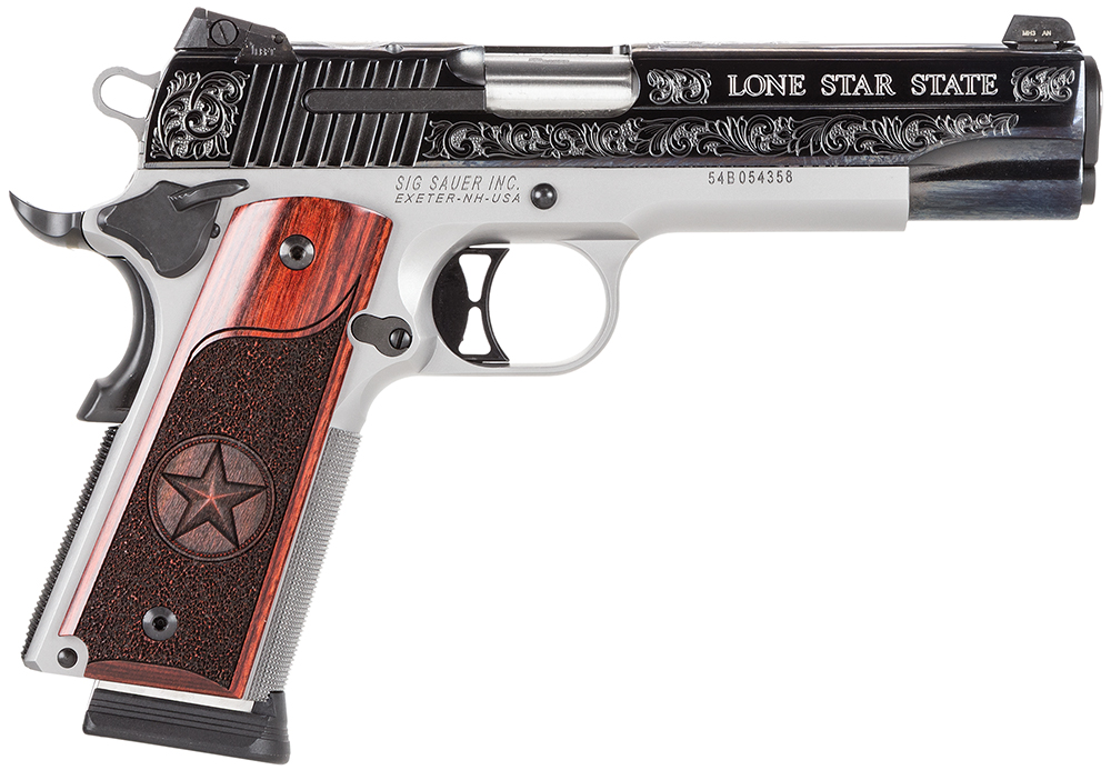 Sig Sauer 1911 Texas Engraved Two Tone SAO .45 ACP 5 8+1 Redwood Grip SS/Blk