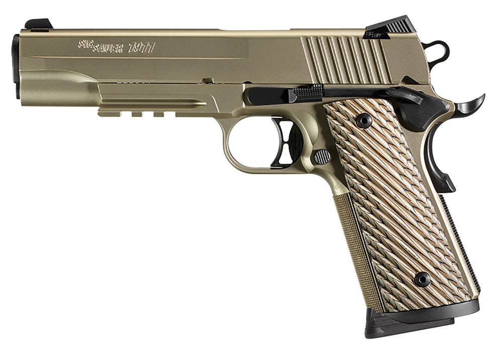 Sig Sauer 1911 Nickel Rail SAO 45 ACP 5 8+1 NS Brown Lam Grip Nickel