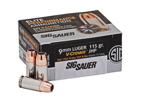 Sig Sauer Elite V-Crown Jacketed Hollow Point 9mm Ammo 115 gr 1185fps 20 Round Box