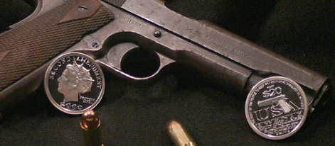 1911 gun with second amendment silver dollar display