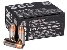 Sig Sauer Elite V-Crown Jacketed Hollow Point 9mm Ammo 115 gr 1050fps 20 Round Box