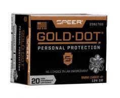 Speer Ammo 9mm Gold Dot Personal Protection Luger +P 124 GR Hollow Point Short Barrel 20 Bx/ 10 Cs