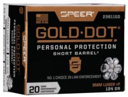 Speer Ammo 9mm Gold Dot Personal Protection Luger +P 124 GR Hollow Point Short Barrel 20 Bx/ 10 Cs Speer Ammo 9mm Gold Dot Personal Protection Luger +P 124 GR Hollow Point Short Barrel 20 Bx/ 10 Cs
