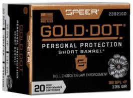 Speer Gold Dot Personal Protection .38 Spl +P 135 GR Hollow Point Short Barrel 20rd box - 23921GD Speer Gold Dot Personal Protection .38 Spl +P 135 GR Hollow Point Short Barrel 20rd box - 23921GD